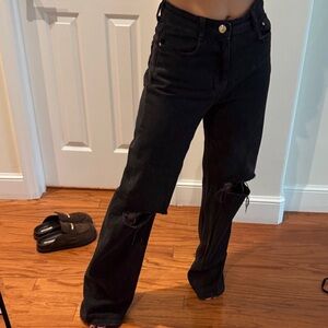 Zara Black Distressed Wide-Leg Jeans
